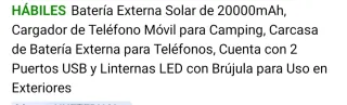Batería Solar 20000mAh Camping Negro NUEVO