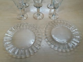 Lote 6 copas cristal años 50 + platos Duralex