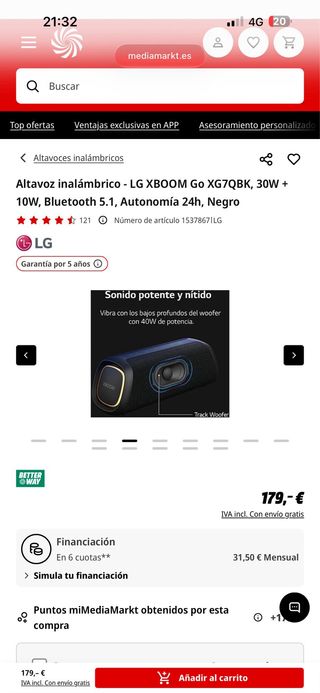 Altavoz LG XBOOM Go XG7QBK 30w B5.1