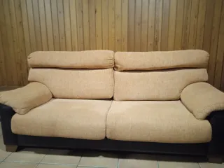 Sofá 3 plazas tela y polipiel marrón/naranja