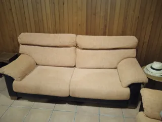 Sofá 3 plazas tela y polipiel marrón/naranja