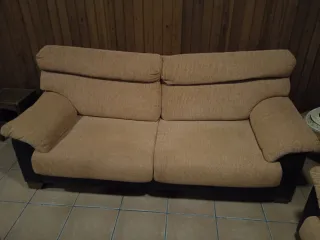 Sofá 3 plazas tela y polipiel marrón/naranja