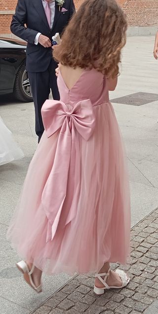 Vestido fiesta niña rosa lazo tul