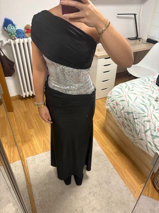 Vestido largo negro y plateado tienda oh julliete