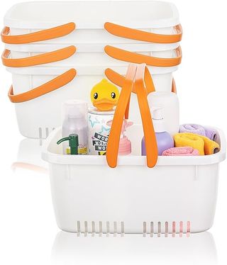 Cetomo Cesta de ducha, organizador de ducha de plástico con asa plegable, caja de almacenamiento portátil con agujeros de drenaj