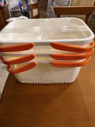 Cetomo Cesta de ducha, organizador de ducha de plástico con asa plegable, caja de almacenamiento portátil con agujeros de drenaj