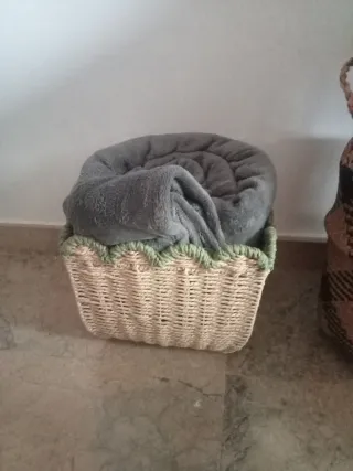 Cesta de mimbre beige y verde