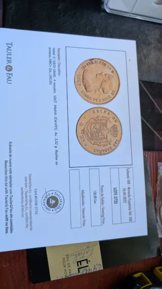 Moneda Isabel 2ª Oro 1867 Certificado