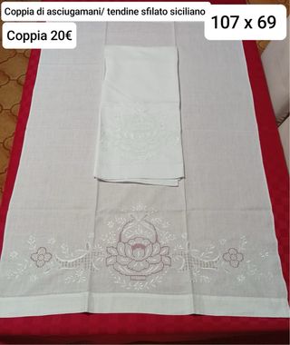 Due Coppie diasciugamani/tendine sfilato siciliano