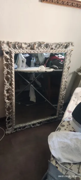 Espejo antiguo madera tallada dorado tiza