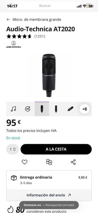 Micrófono Audio-Technica AT2020 Condensador