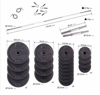 Banco de pesas + barra, mancuernas y discos