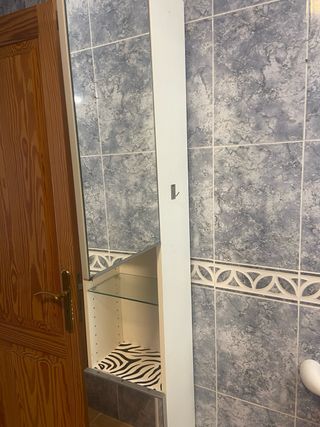 Mueble estrecho baño madera y cristal.