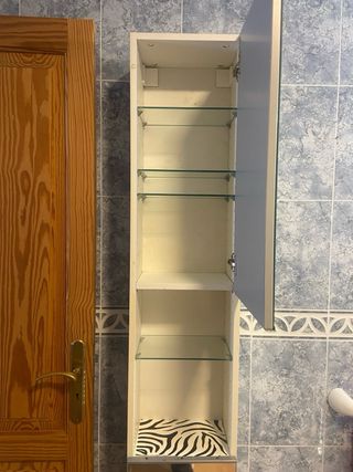 Mueble estrecho baño madera y cristal.