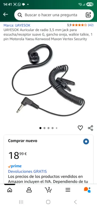 Auricular con clip y cable en espiral