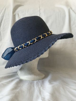 Cappello di Paglia blu a tesa larga con nastro