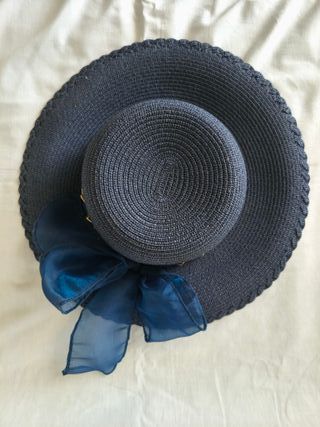 Cappello di Paglia blu a tesa larga con nastro