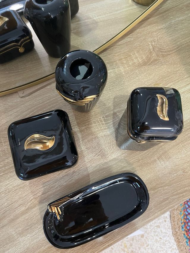 Juego Tocador Vintage Cerámica Negro/Oro