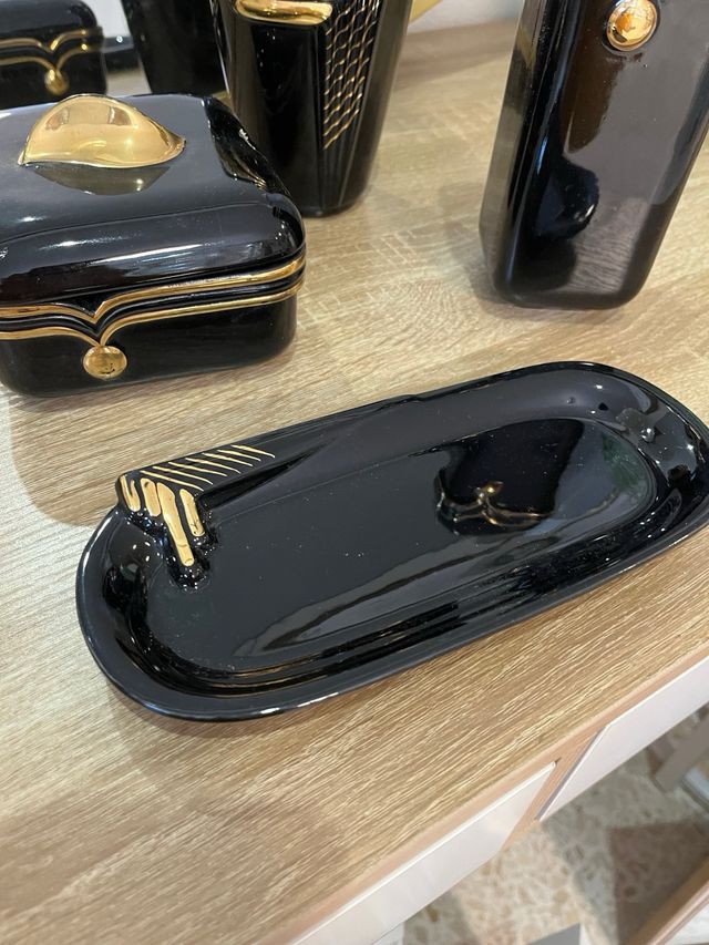 Juego Tocador Vintage Cerámica Negro/Oro