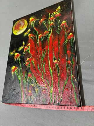 Quadro Fiori e Luna Dipinto a Mano