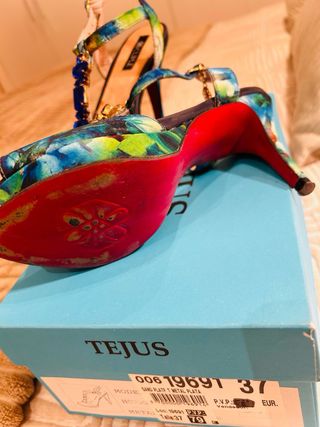 Sandalias fiesta pedrería Cuplé azul verde