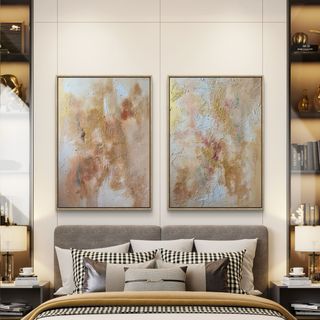 Díptico grande abstracto beige y dorado