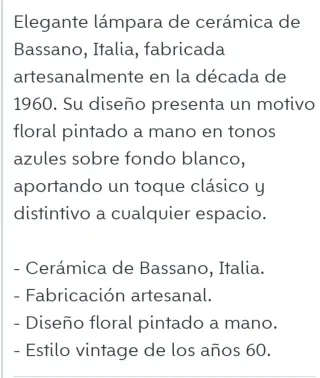 Lámpara cerámica italiana Bassano artesanal