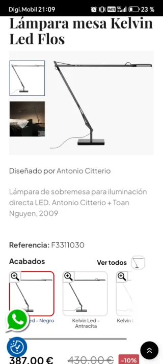 Lámpara esceitorio diseño Kelvin Led FLOS Art Decó