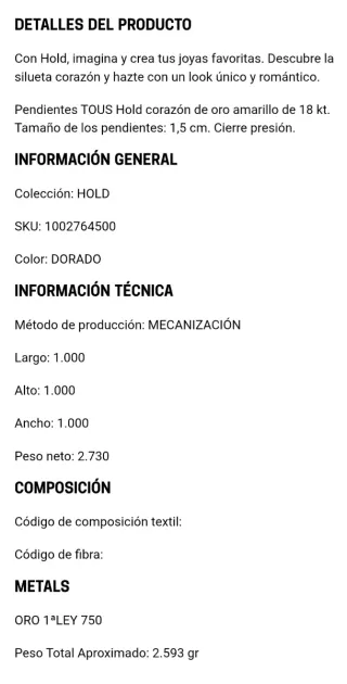Pendientes Corazón HOLD Tous 18kt Oro