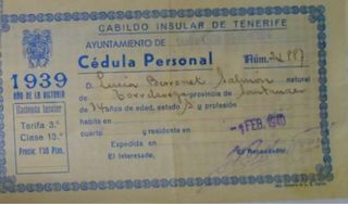 Cédula Personal Tenerife 1939 rara
