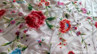 Manton Seda Bordado Flecos Antiguo