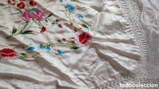 Manton Seda Bordado Flecos Antiguo