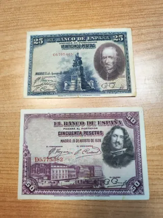 2 Billetes: 25 y 50 Pesetas Banco de España 1928