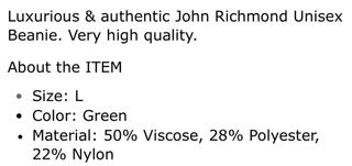 Gorra John Richmond Unisex Verde y Blanca Talla L