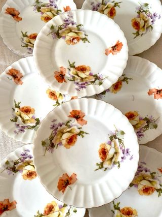 Lote 9 platos antiguos porcelana floral vintage
