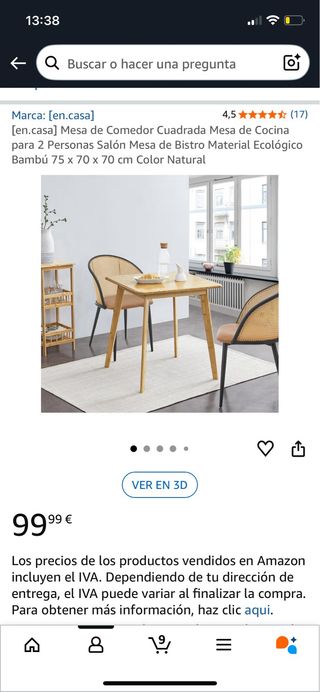 Mesa de comedor cuadrada de bambú