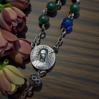 Antico rosario diaspro e argento con perla Mariana