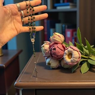 Antico rosario diaspro e argento con perla Mariana