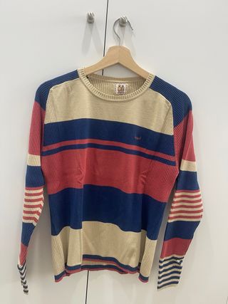 Jersey de rayas beige, azul y rojo