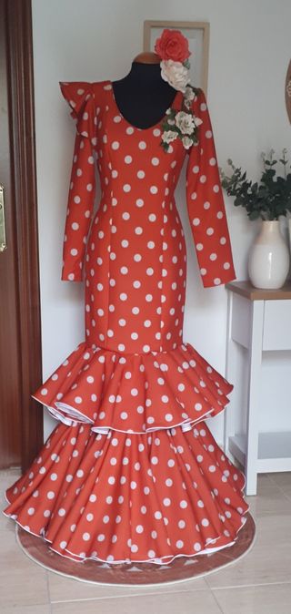Traje Flamenca teja Lunares Blanco Talla 40