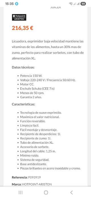 Licuadora exprimidor Ariston.