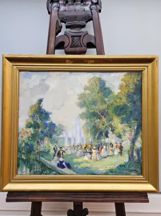 Cuadro óleo antiguo paisaje con figuras