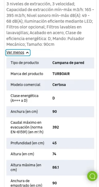 Campana Cocina TURBOAIR CERTOSA Nueva