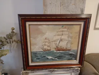 Cuadro óleo barcos marinos madera