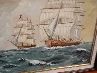 Cuadro óleo barcos marinos madera