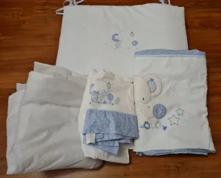 Conjunto cuna elefante azul y blanco