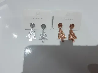 2 Pares Pendientes Árbol Navidad Dorado Plateado