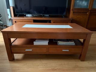 Mesa centro elevable madera y cristal