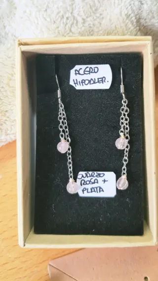 Pendientes largos cuarzo rosa plata