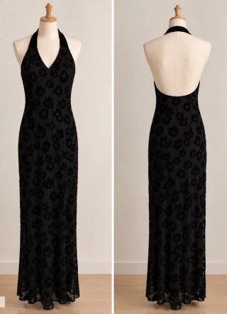Vestido largo negro halter, estampado terciopelo